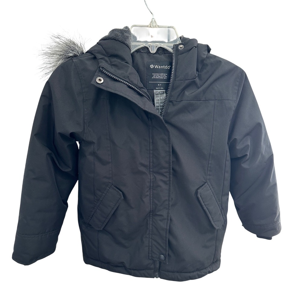 Wantdo Black Hooded Winter Parka Jacket Faux Fur Trim Kids Size 6-7‎